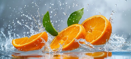 Orange splash. Sliced oranges with water droplets in motion, accompanied by fresh green leaves, ideal for vibrant, refreshing beverage advertisements.