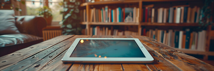 A close-up of a tablet on a table,
A room with a lot of books on the floor and a book shelf with a book on it.
 - obrazy, fototapety, plakaty
