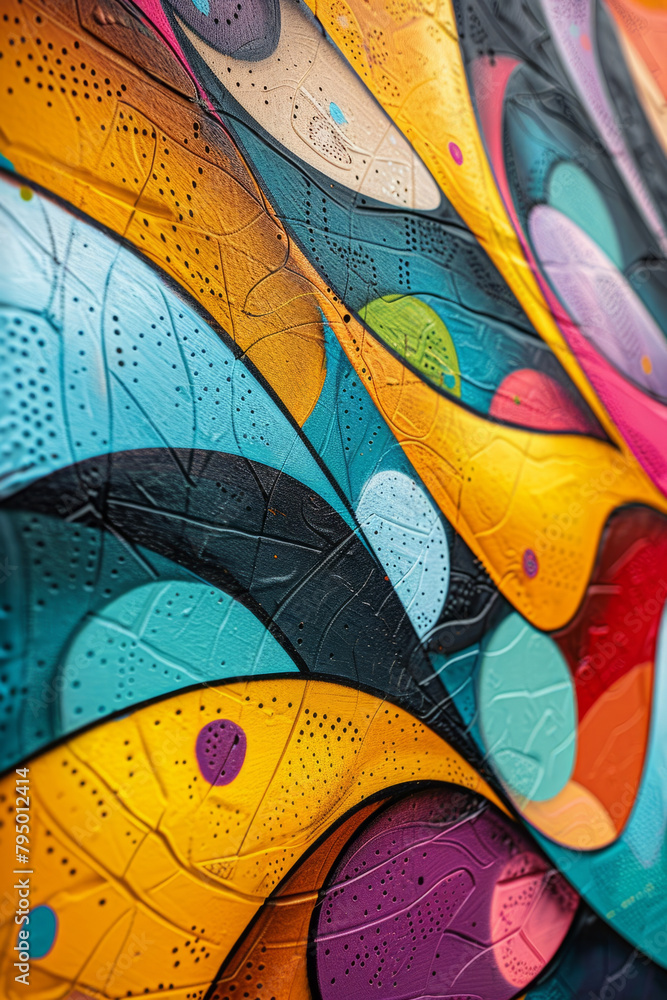 Poster vibrant and intricate abstract graffiti mural with swirling patterns and vivid colors, showcasing un