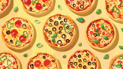 Different tasty mini pizzas on yellow background Vector