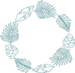 Handdrawn wreath with palm leaves in line art style. Decoration element in round shape.