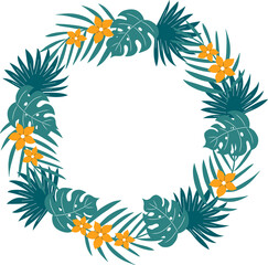 Handdrawn wreath with flowers and palm leaves. Decoration element in round shape.