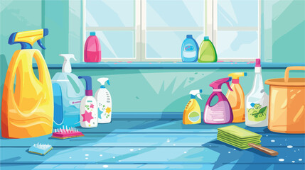 Set of cleaning supplies on floor in room. - obrazy, fototapety, plakaty