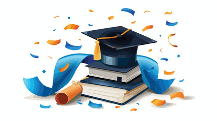 Diploma with blue ribbon graduation hat and book on