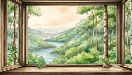 Tranquil Watercolor Hand Drawing: A Lush Forest Framed by a Window, Ideal for Eco Tourism and Nature Retreats in Relax Area Photo Stock
