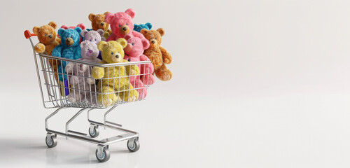  Realistic 3D rendering of a shopping cart brimming with colorful teddy bears, positioned elegantly over a clean white background, perfect for advertising plush toy collections