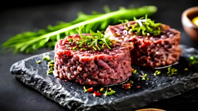  Deliciously prepared beef tartare with garnish ready to be savored