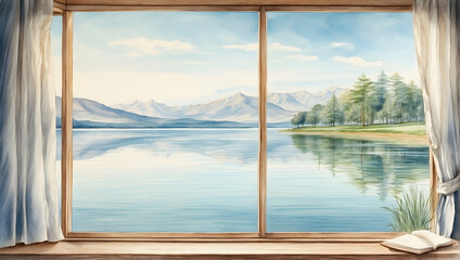 Serene Lake Reflection: Tranquil Watercolor Hand Drawing Evoking Calmness and Clarity for Relax Area Photo Stock Concept