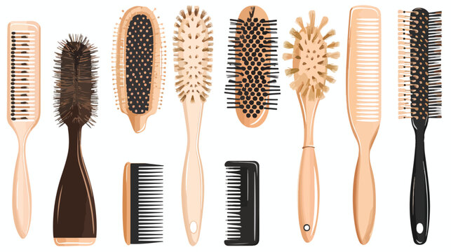 Set of different hair brushes and combs.