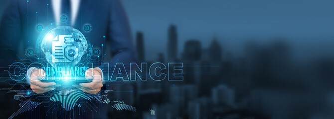 Compliance technology, Businessman using compliance technology with tablet on global network, regulation and oversight, Global compliance and risk management, and digital compliance.