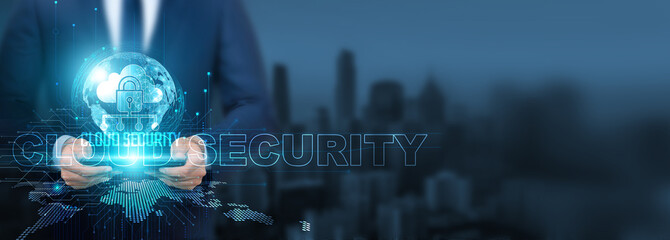 Cloud security technology, Businessman using cloud technology with tablet on global network,...