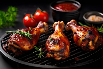 Delicious and juicy grilled chicken legs meat with spices sauces