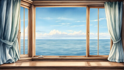 Fototapeta na wymiar Ocean Outlook: Watercolor Hand Drawing of an Ocean View from a Coastal Window, Perfect for Marine Tour Services and Coastal Businesses - Relaxation Area Photo Stock