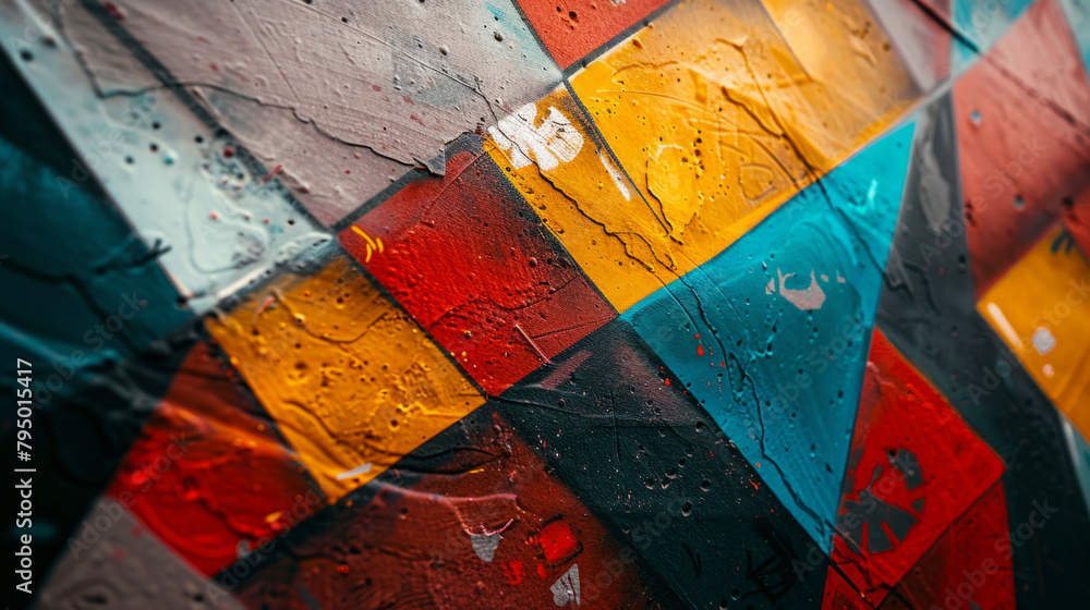 Poster an exploration of geometric patterns and sharp lines in street art, showcasing the intricate details