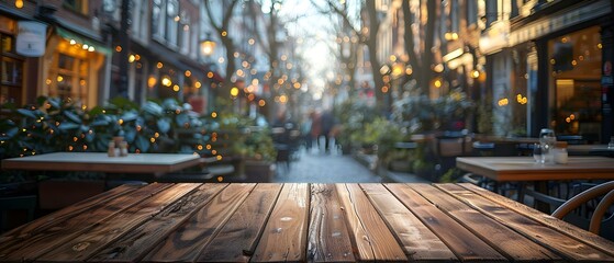 Urban European Street Corner with Empty Wooden Table and Passerby in Soft Focus. Concept Urban Scene, European Street, Wooden Table, Passerby, Soft Focus