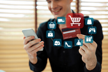 Customer open hologram graphic interface controlling device choosing online platform. Smart...