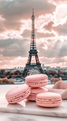 Pink and white macarons with the Eiffel Tower in Paris, white background, simple, minimalism, mobile wallpaper
