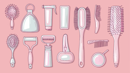 Set of hairdressing accessories on pink background.