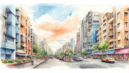 Obraz premium Stunning Watercolor Hand Drawing of Urban Panorama - Bringing Vibrancy to City Life in Relax Area Photo Stock