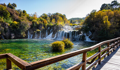 Amazing waterfalls Krka National Park in Croatia, beautiful Skradinski Buk Waterfall in Krka National Park. Travel attraction in Dalmatia, Croatia