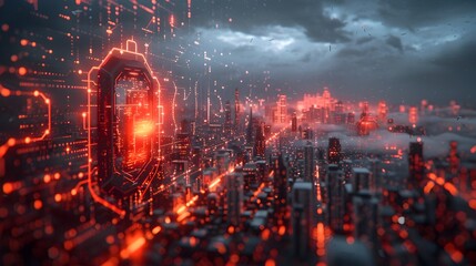 Activated Cybersecurity Shield Illuminating a Futuristic Digital Metropolis