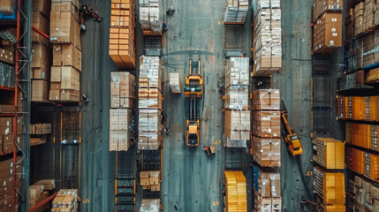 Dynamic aerial view of a busy warehouse filled with workers, forklifts, and stacked goods, showcasing efficient operations and organized chaos.