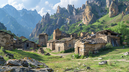 Old stone houses in abandoned Gamsutl mountain village