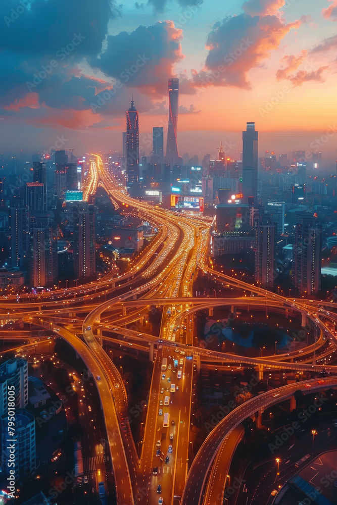 Poster an aerial view capturing the intricate highway interchanges and vibrant cityscape illuminated during
