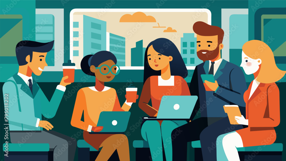 Poster a group of coworkers discussing work projects on their commute home utilizing the time to have produ