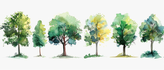 A collection of hand-drawn watercolor trees in a forest pack, perfect for artistic projects and nature-inspired designs.