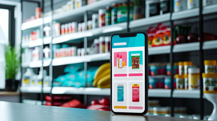 Online Shopping sports nutrition List and Mobile App Marketplace Mock up Screen Banner for Advertising ux ui - obrazy, fototapety, plakaty