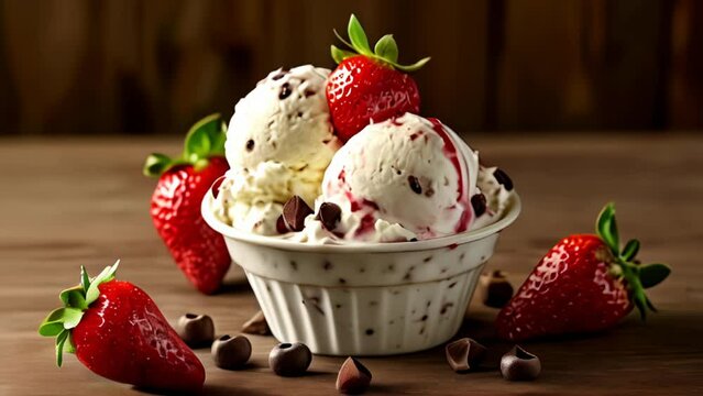  Indulgence in a bowl  Strawberry ice cream with chocolate chips garnished with fresh strawberries