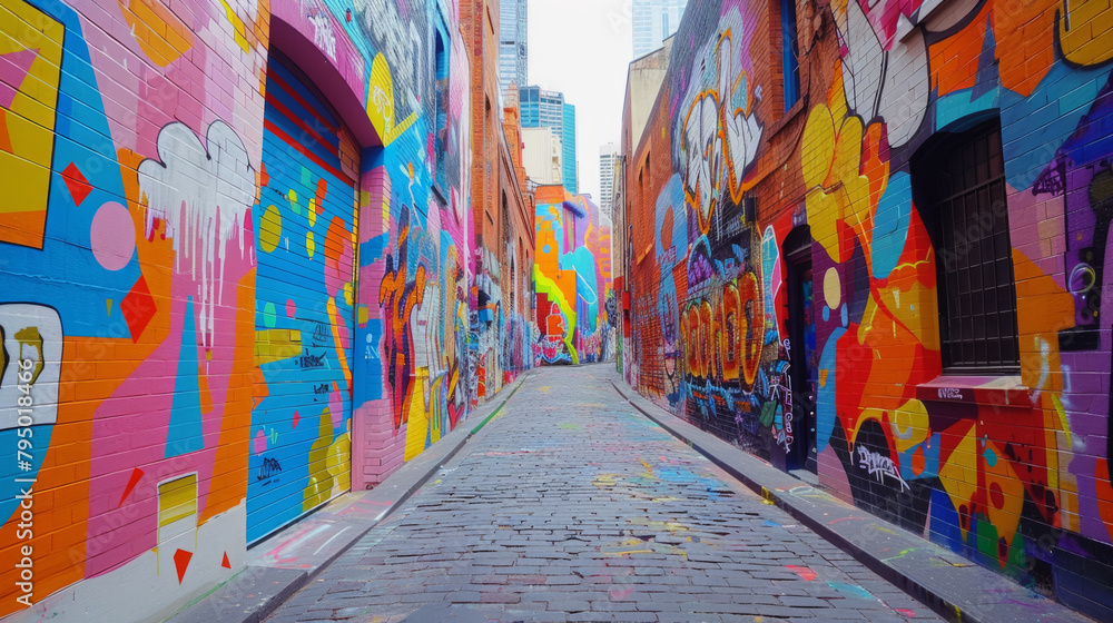 Poster the vibrant, colorful graffiti covering the entire alleyway showcases a blend of vivid colors and un
