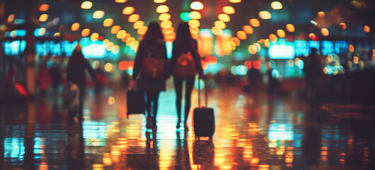 A blurred view of a modern airport corridor with lights and contemporary architecture. Two women with baggage move through the terminal. - Powered by Adobe