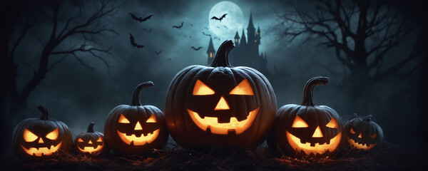 Fototapeta premium A group of elaborately carved pumpkins are in front of an eerie majestic castle, moon, and bats. Halloween theme.