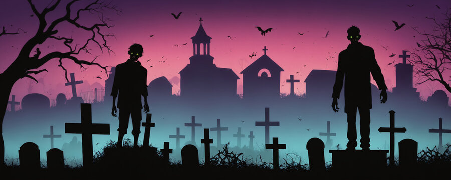 Two zombies stand against the backdrop of a cemetery. The cemetery is dotted with tombstones and surrounded by trees, creating an eerie atmosphere. Bats are flying. Halloween silhouette background.