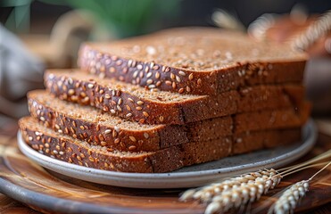 Plate holds rough-textured whole grain bread slices, offering a wholesome, rustic appeal for your enjoyment