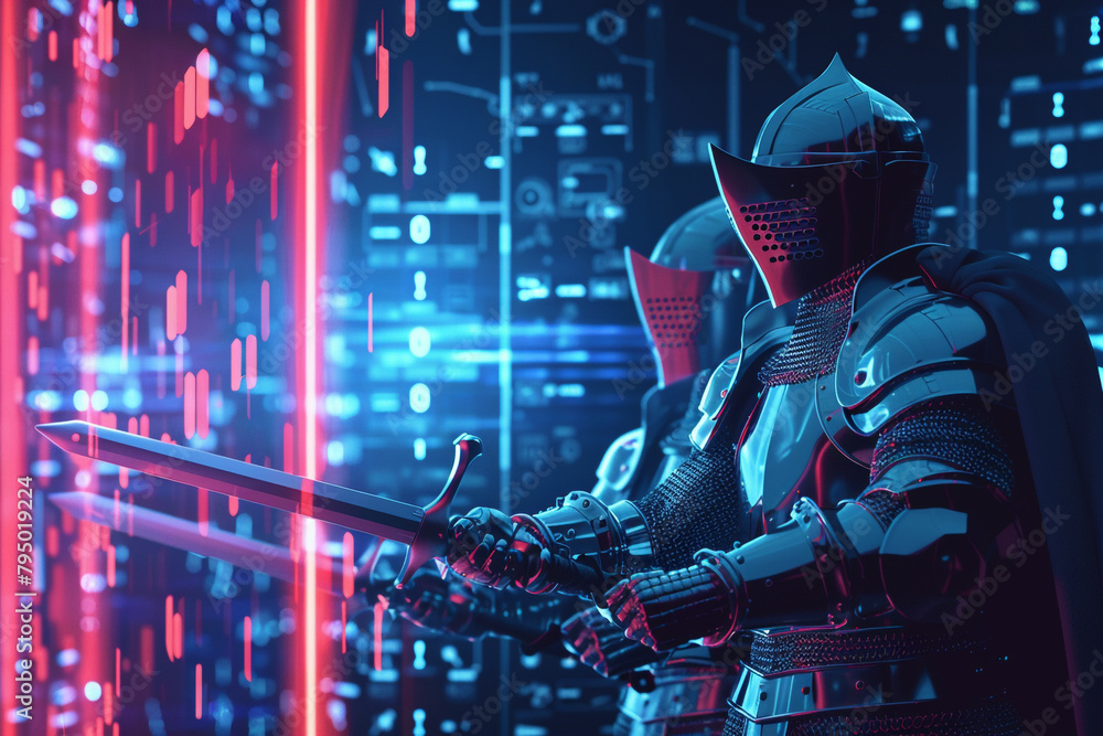Poster digital realm with knights wielding password keys unlocking safe pathways through internet threats