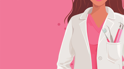 Female dentist with dental tools in pocket on pink background