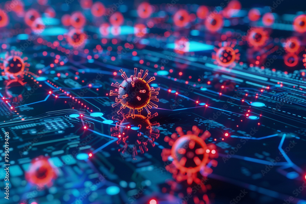 Poster digital representation of virus and malware threats attacking a vulnerable network highlighting cybe