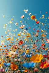 Vibrant and colorful meadow flowers exploding against clear blue sky in a beautiful spring abstract background.