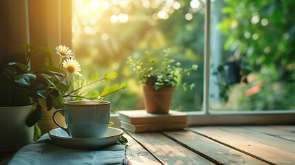 Slow living concept, relaxed and intentional, cup of coffee and plant on table in front of window, summer coffee cup relaxation green color lifestyle