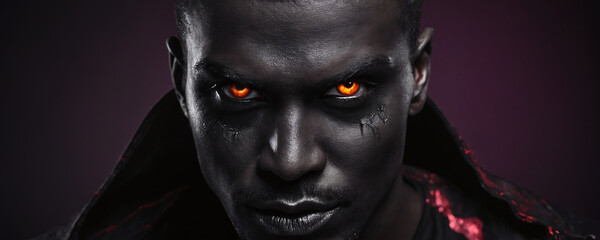 Close-up of a human face with intense red eyes creating a striking and intense focal point. Halloween themed make-up.