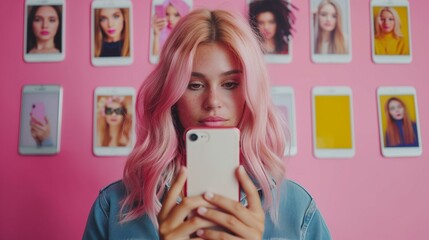 Influencer culture concept, woman with pink hair and smartphone, holding wireless technology text messaging young woman internet