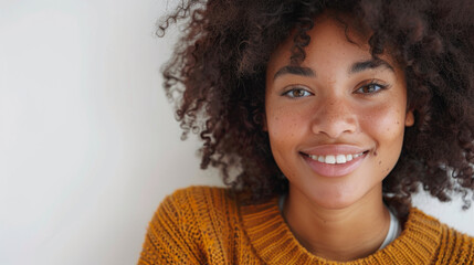 A joyful young woman posing in fashionable casual clothing against a simple white background, exuding a relaxed and carefree vibe.