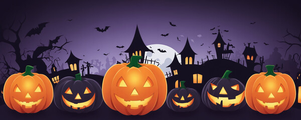 A group of pumpkins is shown in the foreground, and a large white moon, houses and bats are shown in the background. The pumpkins are of different sizes. Halloween theme.