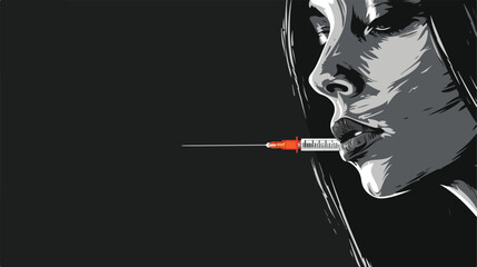 Female drug addict with syringe on black background - obrazy, fototapety, plakaty