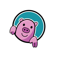 Cute pink pig logo in a circle on a white background
