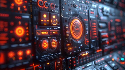 Obraz premium Cyberpunk-Inspired Futuristic Technology Console in a Detailed,High-Contrast Computer Center