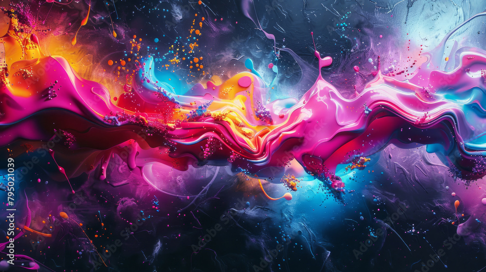 Poster abstract graffiti art infused with surreal shapes and vibrant neon hues, creating a dynamic and visu